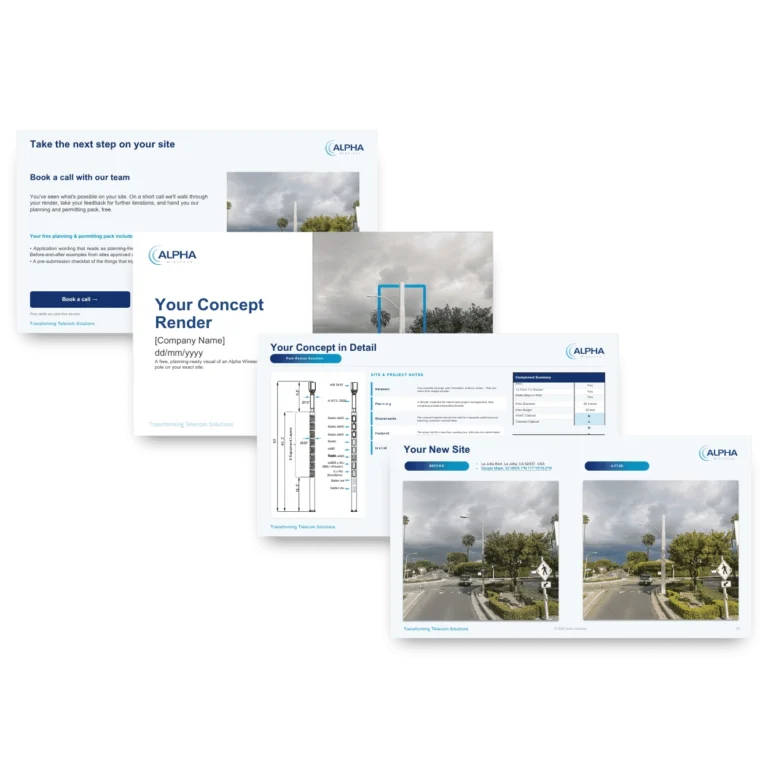 An example of a finished Alpha Wireless concept render: a concealed street-level telecom design shown on a real site.