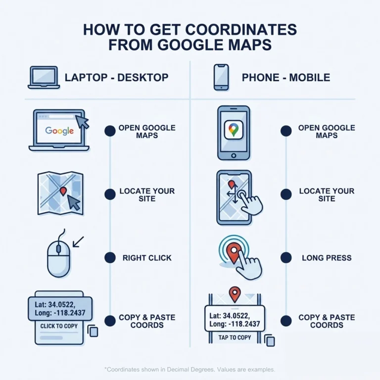 How to copy your site coordinates from Google Maps on a laptop and a phone: right-click the exact spot, then click the latitude and longitude at the top of the menu.